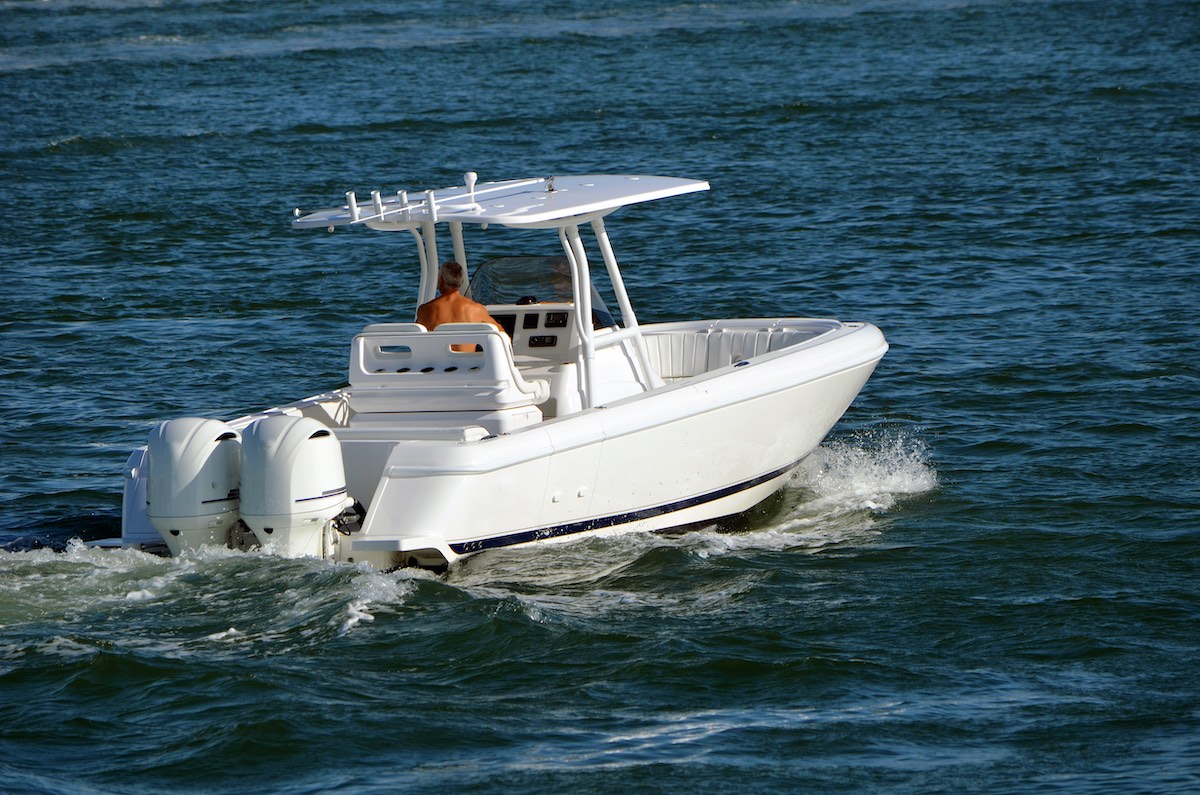 Intrepid 32 with twin Yamaha 350 outboards running in South Florida waters